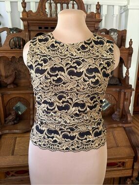 Vintage Black Mesh Crop Top with Gold Lace Overlay